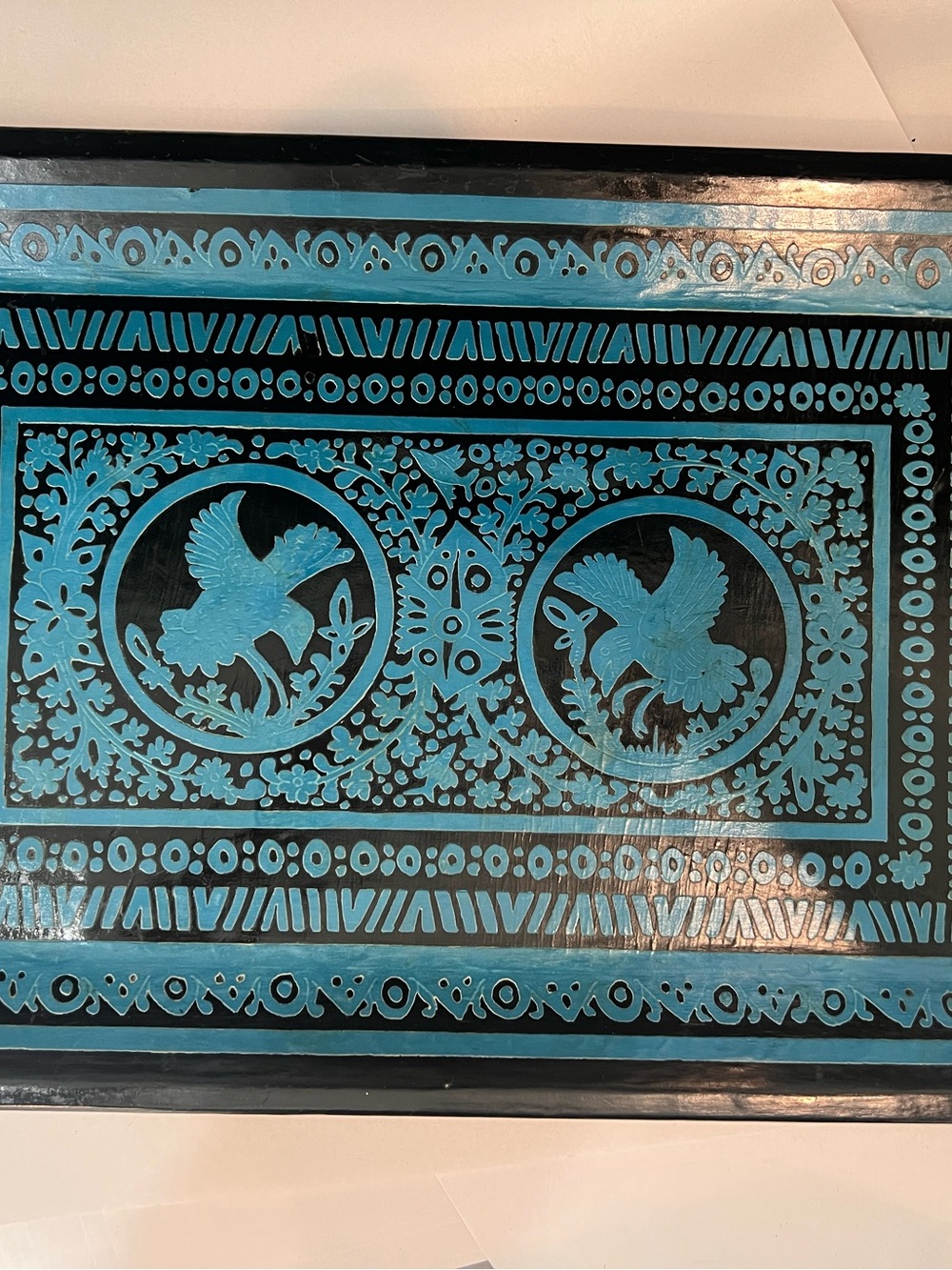 Vintage Olinalá Mexican Folk Art Lacquered Wood Serving Tray - Turquoise & Black